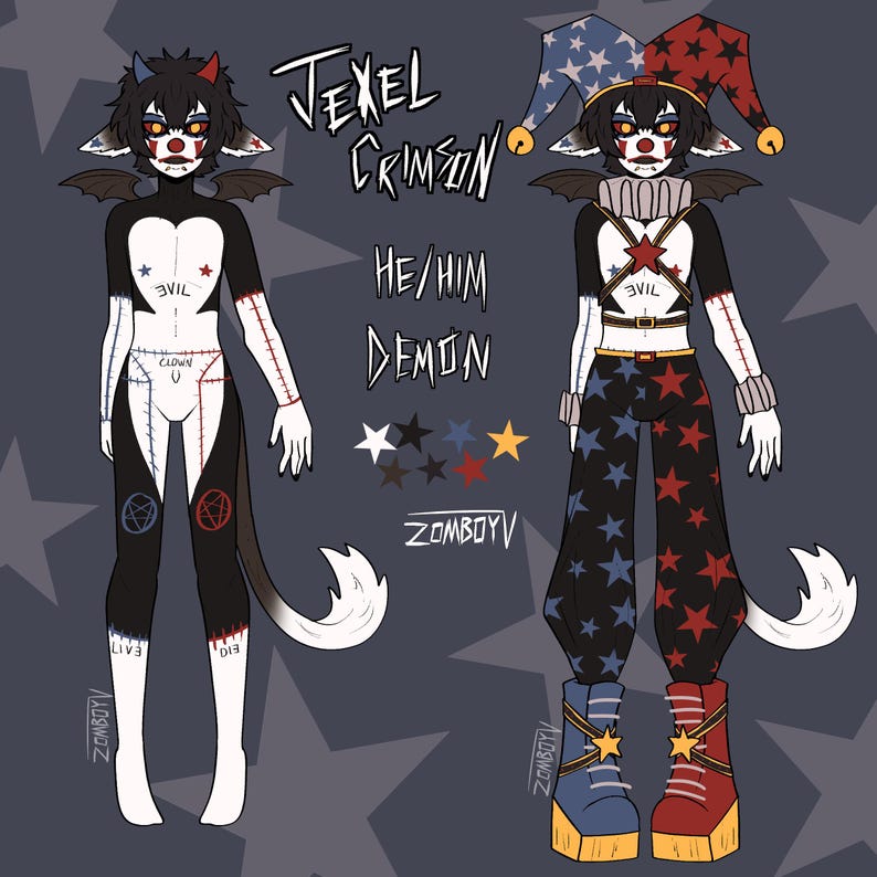 Op de afbeelding: Een digitaal karakterreferentieblad voor Jexel Crimson, een demon met zwart haar, hoorns en vleermuisvleugels. Het personage wordt getoond in twee outfits: een zwart-wit bodysuit met stikseldetails en tekst, en een narrenkostuum met sterrenpatroon.