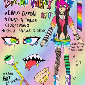 Op de afbeelding: Een digitaal karakterreferentieblad voor Gizmo Vortex, een chaos-demon met roze haar, een blauwe hoge hoed en een kleurrijke outfit. Bevat een gele wandelstok, close-up van ogen, een mond met scherpe tanden en tekst over kenmerken en 188 cm.
