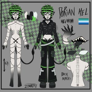 Op de afbeelding: Een karakterreferentieblad voor Dorian Hel, met een bleke figuur met groen haar, zwarte tatoeages en een staart. Het personage draagt een zwarte cropped hoodie, zwarte cargobroek met groene accenten en een riem met een dambordpatroon.