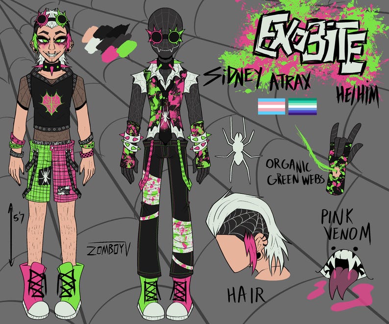 Op de afbeelding: Een karakterreferentieblad voor Exobite, met Sidney Atrax. De illustratie toont een personage met wit haar, roze en groene accenten, gekleed in een zwart vest, stropdas en broek met neon-groene en roze spetters, plus accessoires met stekels.
