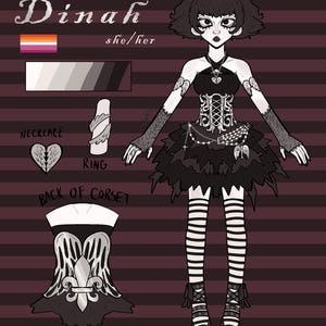 Op de afbeelding: Een digitaal karakterreferentieblad voor Dinah, met een personage in een zwarte korsetjurk, gestreepte kousen en kanten handschoenen. Inclusief een hartvormige ketting, een ring, een achteraanzicht van het korset met vleugels en een kleurenpalet.