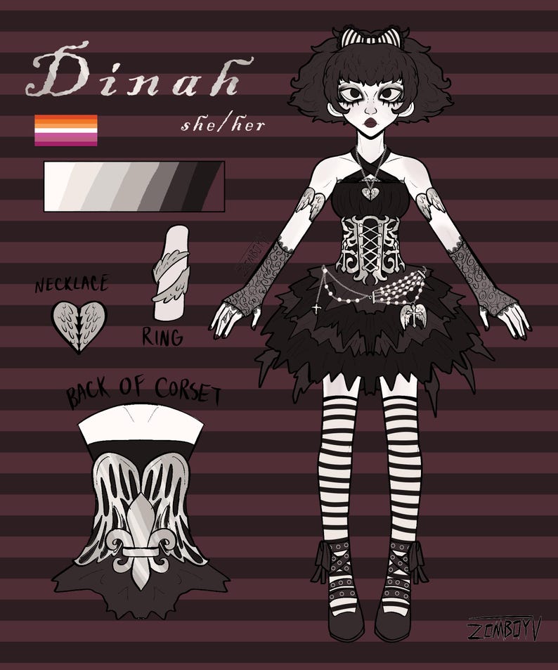 Op de afbeelding: Een digitaal karakterreferentieblad voor Dinah, met een personage in een zwarte korsetjurk, gestreepte kousen en kanten handschoenen. Inclusief een hartvormige ketting, een ring, een achteraanzicht van het korset met vleugels en een kleurenpalet.