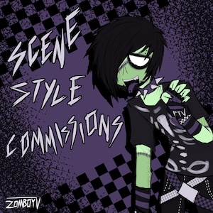 Op de afbeelding: Digitale illustratie van een groenhuidig ​​personage met zwart haar en een zwart shirt met de tekst "PTV". De woorden "SCENE STYLE COMMISSIONS" zijn geschreven in witte, gekartelde letters. De achtergrond is paars met een dambordpatroon.