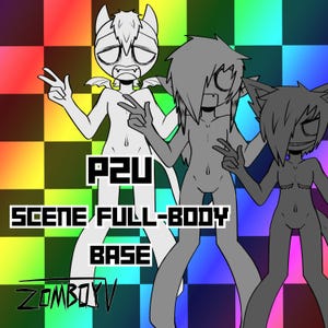 以下が含まれることがあります： チェック柄の虹色の背景に、動物のような特徴を持つ3つの様式化された人物が描かれたデジタルアートベース。「P2U SCENE FULL-BODY BASE」と「ZOMBOYV」のテキストが画像に含まれています。