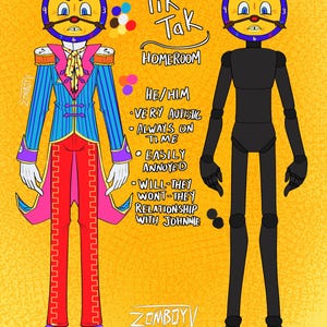Op de afbeelding: Een karakterreferentieblad getiteld Tik Tak Homeroom met twee figuren met klokgezichten. E&eacute;n figuur draagt een blauw gestreept jasje met roze accenten, een das met stippen en een rode broek. De tweede figuur is een effen zwart silhouet.