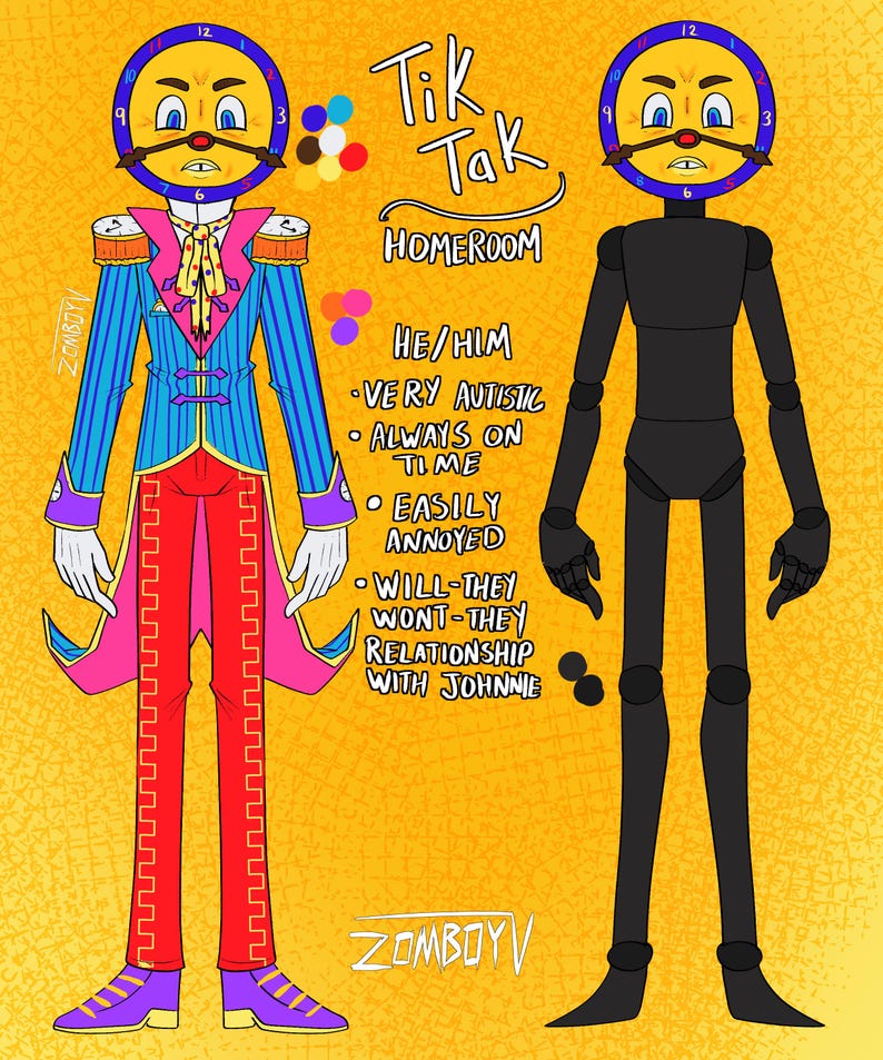 Op de afbeelding: Een karakterreferentieblad getiteld Tik Tak Homeroom met twee figuren met klokgezichten. E&eacute;n figuur draagt een blauw gestreept jasje met roze accenten, een das met stippen en een rode broek. De tweede figuur is een effen zwart silhouet.