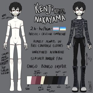 Op de afbeelding: Een karakterreferentieblad voor Kenji Nakayama, met twee full-body illustraties van een dun persoon met donker haar en een bleke huid. E&eacute;n figuur toont chirurgische hechtingen over het lichaam, terwijl de andere een shirt met lange mouwen met patroon, een zwarte broek met gespen en hoge veterschoenen draagt. Tekst bevat naam, leeftijd en een kleurenpalet.