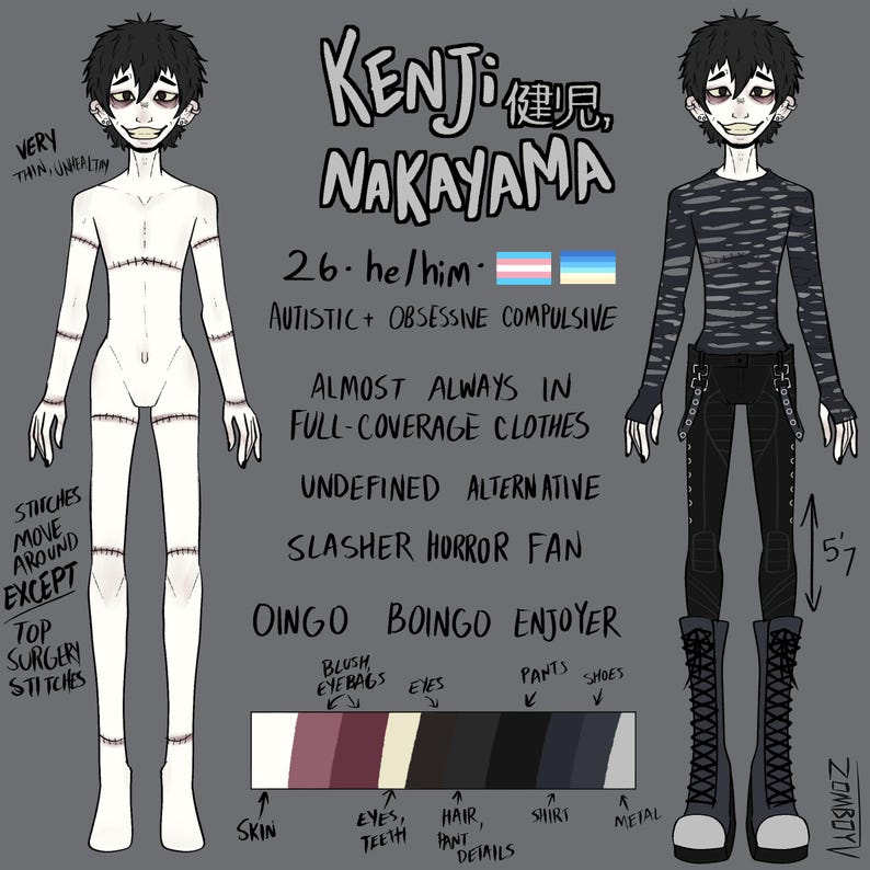 Op de afbeelding: Een karakterreferentieblad voor Kenji Nakayama, met twee full-body illustraties van een dun persoon met donker haar en een bleke huid. E&eacute;n figuur toont chirurgische hechtingen over het lichaam, terwijl de andere een shirt met lange mouwen met patroon, een zwarte broek met gespen en hoge veterschoenen draagt. Tekst bevat naam, leeftijd en een kleurenpalet.
