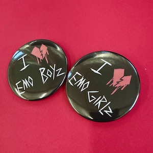 I Love Emo Boys 2.25 inch Button Pins | I Heart Emo Girls | Goth Scenecore Pinback Buttons | 2000s Scene | Original Art
