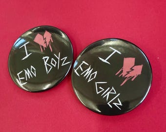 I Love Emo Boys 2.25 inch Button Pins | I Heart Emo Girls | Goth Scenecore Pinback Buttons | 2000s Scene | Original Art