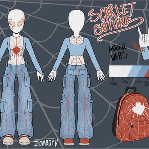 Op de afbeelding: Een karakterontwerpblad getiteld Scarlet Suture met een figuur in een lichtblauw shirt met lange mouwen en cargobroek met een rood spinnenwebpatroon. Inclusief een rode rugzak met een wit spinnenembleem en een referentiekaart voor kleurenpaletten.