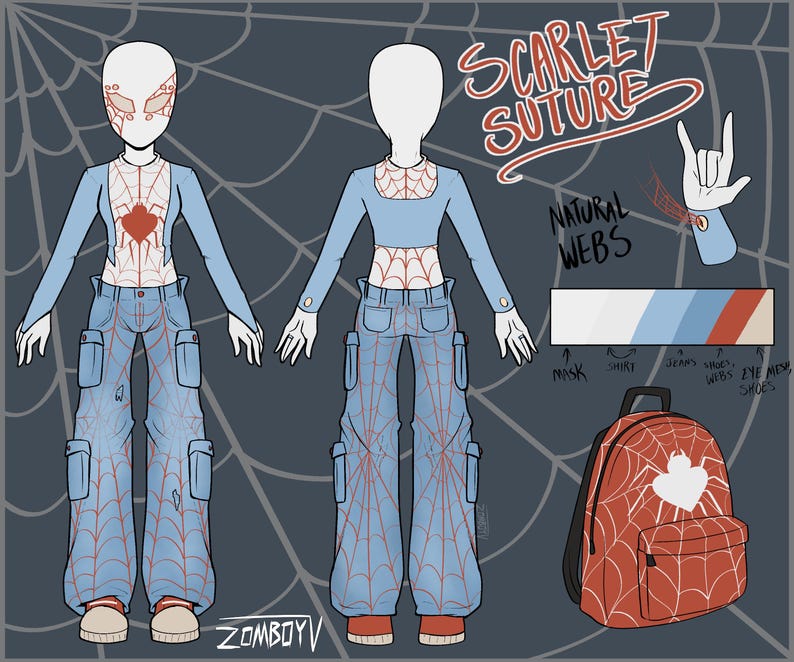 Op de afbeelding: Een karakterontwerpblad getiteld Scarlet Suture met een figuur in een lichtblauw shirt met lange mouwen en cargobroek met een rood spinnenwebpatroon. Inclusief een rode rugzak met een wit spinnenembleem en een referentiekaart voor kleurenpaletten.