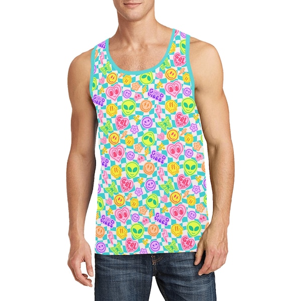 MILLENIUM GLOW | Men's Tank Top Neon 90s Alien Smiley Hearts Music Festival Top Comfortable Rave Wear Shirt for Men Unisex Rave Comfy Top