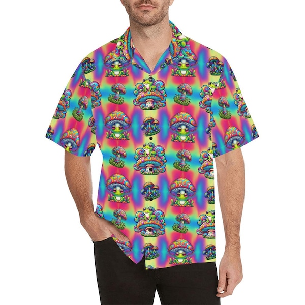 TRIPPY TOAD TECHNICOLOR | Men's Button Down Shirt Music Festival Top Rave Clothes Psychedelic Mushroom Frog Print Rainbow Tie Dye