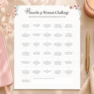 May include: A white paper challenge sheet titled Proverbs 31 Woman Challenge: Becoming the Woman God Designed You to Be. The document features a grid of thirty numbered boxes containing daily prompts, decorated with small floral accents in the corners.