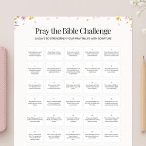 May include: A pink leather-bound Holy Bible next to a printed "Pray the Bible Challenge" calendar. The calendar features a 30-day plan with scripture references. A pencil and floral arrangement are also in the image.