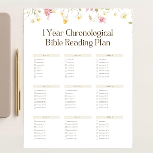 Puede incluir: Un plan de lectura bíblica cronológica de 1 año impreso en papel blanco con un borde floral de margaritas y flores rosas en la parte superior. El documento presenta una cuadrícula con casillas de verificación para lecturas semanales y un bolígrafo dorado.