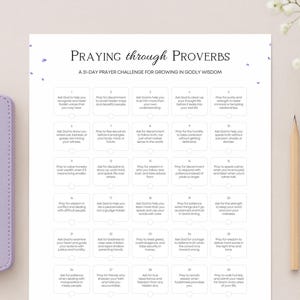 May include: A light purple Holy Bible next to a 31-day prayer challenge titled "Praying through Proverbs." The challenge is a grid of prompts for growing in godly wisdom. A pencil and flowers are also in the image.