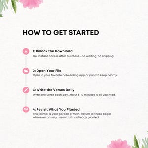 May include: A white background with pink floral accents frames the text "HOW TO GET STARTED." The steps include unlocking a download, opening a file, writing verses daily, and revisiting what was planted. The image promotes a journal.