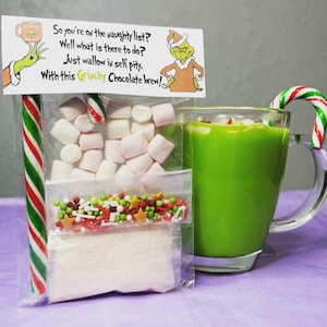 May include: A Grinch-themed hot chocolate kit with a green mug, a bag of marshmallows, a bag of sprinkles, a bag of hot chocolate mix, and a candy cane. The bag has a tag that reads "So you're on the naughty list? Well what is there to do? Just wallow in self pity, With this Grinchy Chocolate brew!"