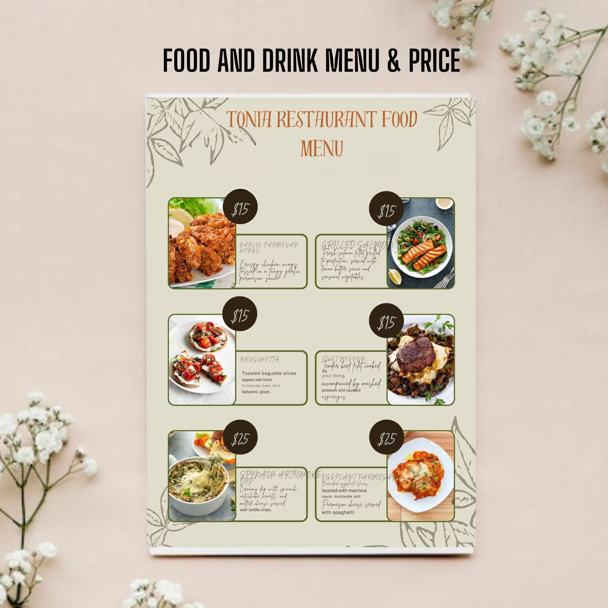 Restaurant Food Menu, Printable and Editable, Menu, Food and Drink Menu