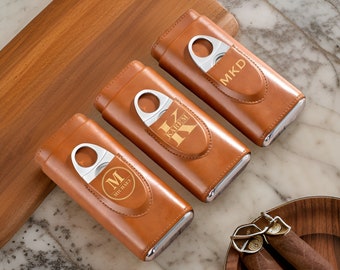 Personalized Cigar Case, Custom Leather Cigar Holder with Cutter, Cigar Case, Groomsmen Gifts, Gift for Husband, Gift for Dad, Gift for Him