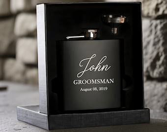 Personalized Flask Set for Men, Engraved Flask, Custom Engraved Black Hip Flask, Gift For Him, Name Flask for Groomsmen, Groomsman Flask