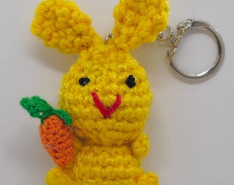 Handmade Crochet Bunny Keychain: Yellow Amigurumi Rabbit with Carrot