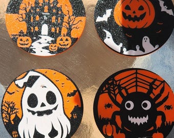 Halloween Coaster Set – Haunted House, Pumpkin, Ghost & Spider Designs (4-Pack, Glitter Finish)