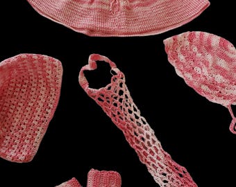 Handmade Pink Crochet Baby Set – Hat, Bonnet, Booties, Bag, and Headwrap