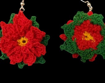 Handmade Crochet Poinsettia Earrings – Festive Holiday Jewelry