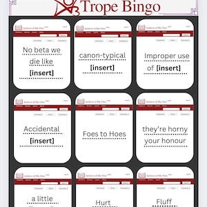 Könnte beinhalten: Eine digitale Grafik eines "Trope Bingo"-Spielbretts mit neun Feldern. Jedes Feld enthält Text von der Website Archives of Our Own. Der Text enthält Sätze wie "No beta we die like [insert]" und "canon-typical [insert]"