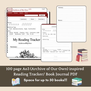 May include: A printable 100-page reading tracker inspired by the Archive of Our Own (AO3) website. The tracker features a design similar to the AO3 website, with a title, summary, rating, and stats sections. The text "My Reading Tracker" is at the top of the page, with the words "ArchivesofMyOwn" underneath. The text "Space for up to 50 books!!" is at the bottom of the page.