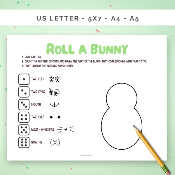 Easter Dice Game, Printable Games, Classroom Easter Party, Roll a Bunny, Instant Download, Family Game Night, Kids Easter Activity