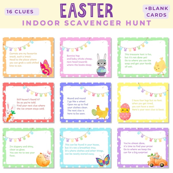 Easter Scavenger Hunt Indoor, Treasure Hunt for Kids, Scavenger Hunt Cards, Clue Hunt with Riddles, Instant Download, Printable PDF