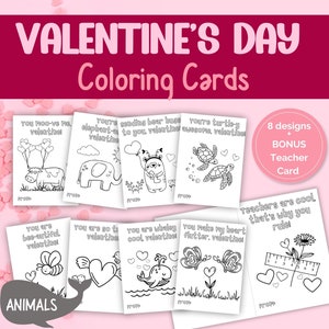 Cartões para colorir de dia dos namorados para crianças - Cartões de dia dos namorados para impressão - Atividade de dia dos namorados em sala de aula para crianças - Presentes DIY - Animais