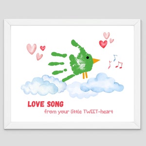May include: A green handprint bird with a yellow beak sings a love song on a white background with pink hearts and musical notes. The text reads "LOVE SONG from your little TWEET-heart".