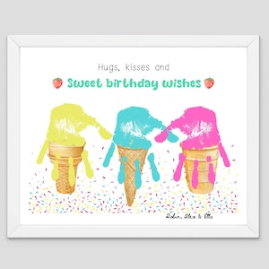 Zoete verjaardagswensen - Ice Cream Handprint Art Craft - moeder vader oma tante - Kids Baby Peuter - Gift Keepsake Card - Kinderdagverblijf Preschool