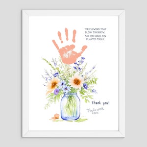 As flores que desabrocham amanhã - Artesanato com impressão manual - flores em jarra - Crianças pequenas - Cartão de lembrança para presente - agradecimento do professor - pré-escola