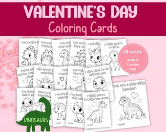 Dinosaur Valentine Coloring Cards for Kids - Printable Valentine's Day cards - Classroom Valentines Day Activity for kids - DIY Gifts