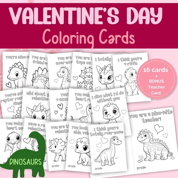 Dinosaur Valentine Coloring Cards for Kids - Printable Valentine's Day cards - Classroom Valentines Day Activity for kids - DIY Gifts