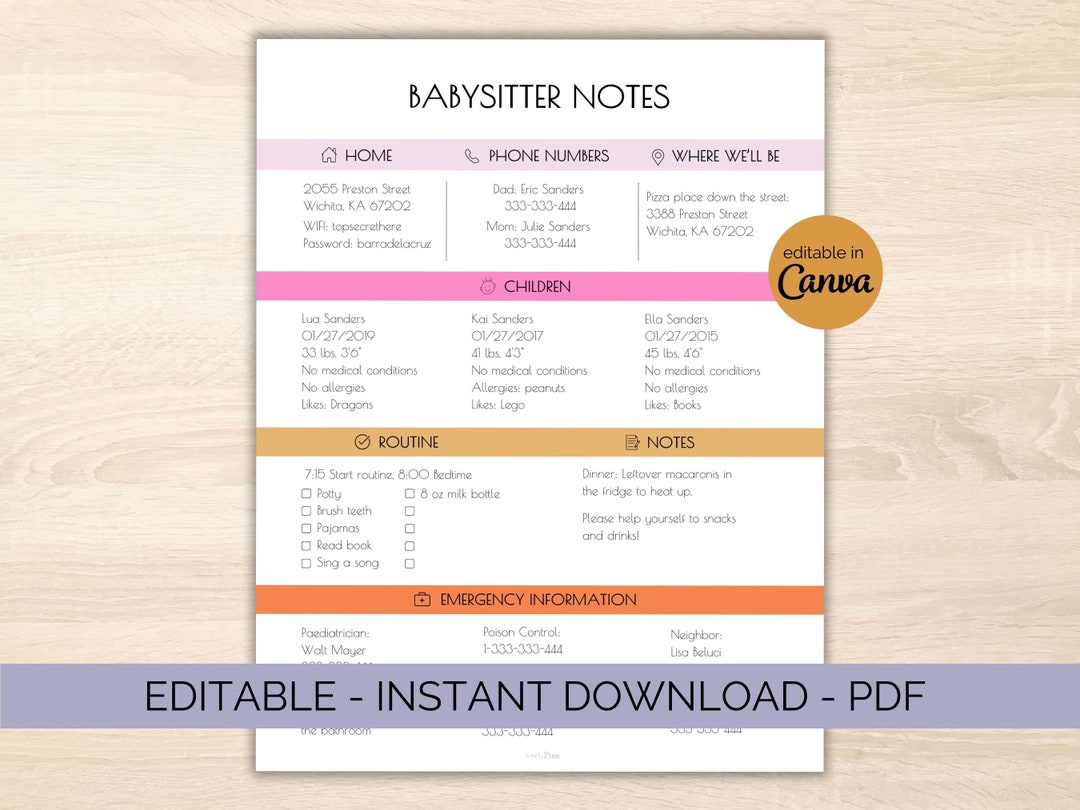 Babysitter Notes Emergency Information Sheet - Emergency Contact Info ...