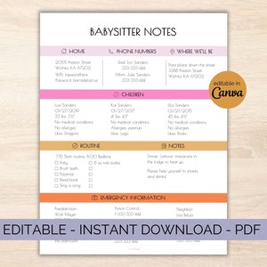 ベビーシッターノート緊急情報シート - 緊急連絡先情報 - 重要な情報 PDF - Canva 編集可能 印刷可能