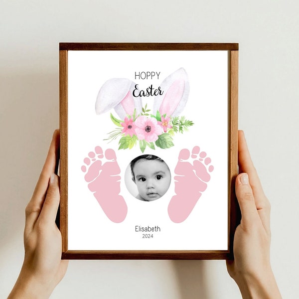 Hoppy Easter - Easter Footprint Art Craft - Bunny Photo Frame -Baby Toddler- Card Gift Keepsake- Edit in Canva- Daycare Preschool activities