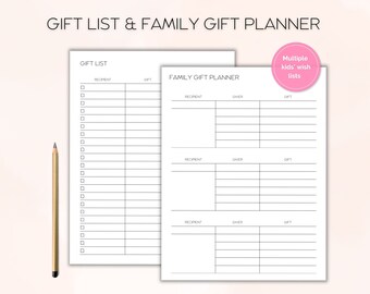 Simple Gift List - Family Gift Planner - printable - Gift tracker - Gift shopping list - US Letter/A4