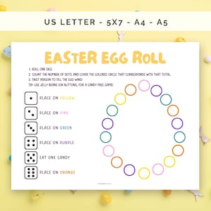 May include: Printable Easter egg roll game board with instructions. Roll a die and cover the corresponding colored circle on the board. First person to fill the egg wins.