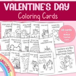 Einhorn-Valentinstags-Malkarten für Kinder - Druckbare Valentinstagskarten - Valentinstag im Klassenzimmer für Kinder - DIY-Geschenke