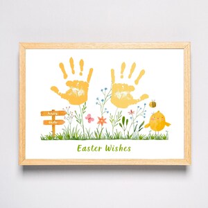 Fleurs et poussin, voeux de Pâques - Joyeuses Pâques artisanat d'art avec empreinte de main - bébé et enfant en bas âge - carte cadeau à faire soi-même - imprimable - activité préscolaire à la garderie