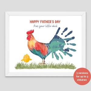 Joyeuse fête des pères, petit poussin coq, créations artistiques empreintes de main, 3 mains, enfant bébé tout-petit, carte cadeau souvenir, imprimable, garderie préscolaire