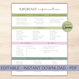 Aantekeningen babysitter Informatieblad voor noodgevallen: pdf met belangrijke informatie: contactgegevens voor noodgevallen: bewerkbaar, afdrukbaar in canva